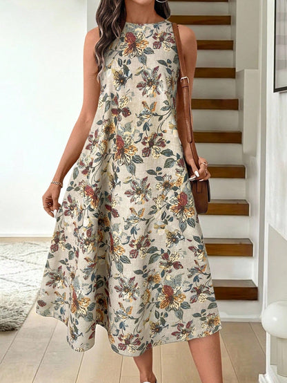 LUNE Round Neck Sleeveless Flared Hem Retro Floral Print Casual Elegant Midi Dress,Vacation Outfits Women