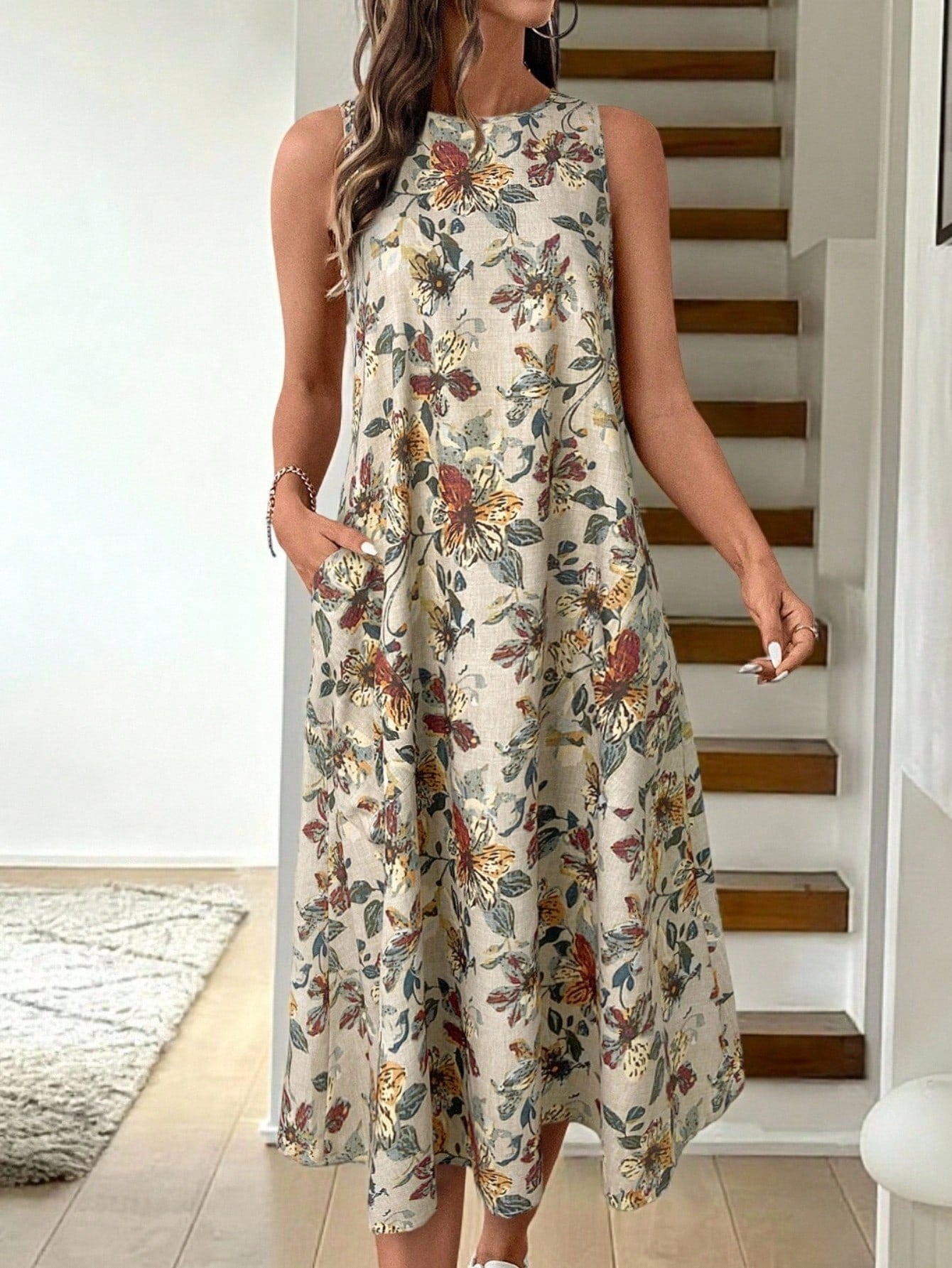 LUNE Round Neck Sleeveless Flared Hem Retro Floral Print Casual Elegant Midi Dress,Vacation Outfits Women
