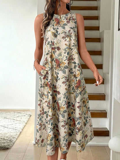 LUNE Round Neck Sleeveless Flared Hem Retro Floral Print Casual Elegant Midi Dress,Vacation Outfits Women