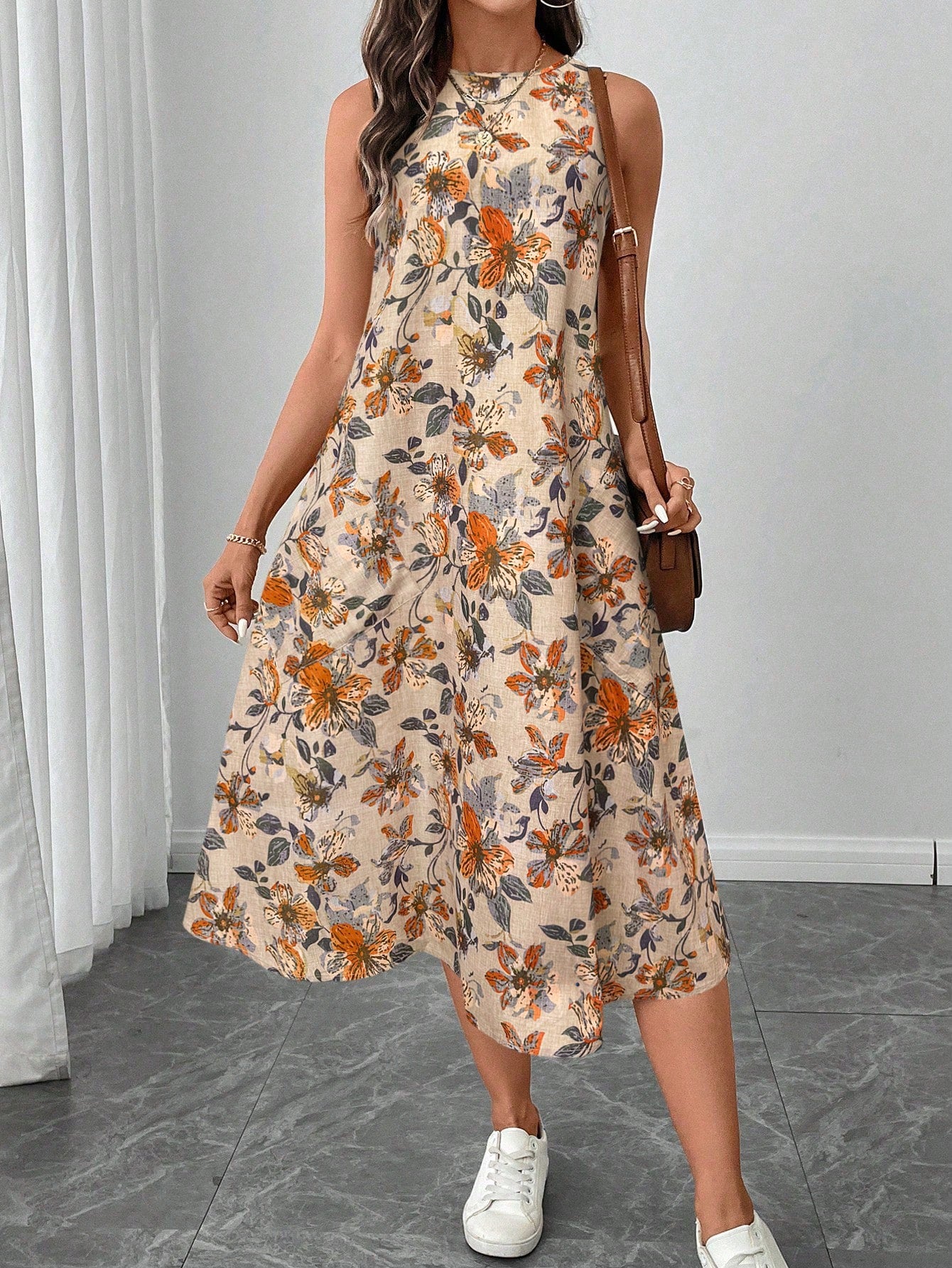 LUNE Round Neck Sleeveless Flared Hem Retro Floral Print Casual Elegant Midi Dress,Vacation Outfits Women