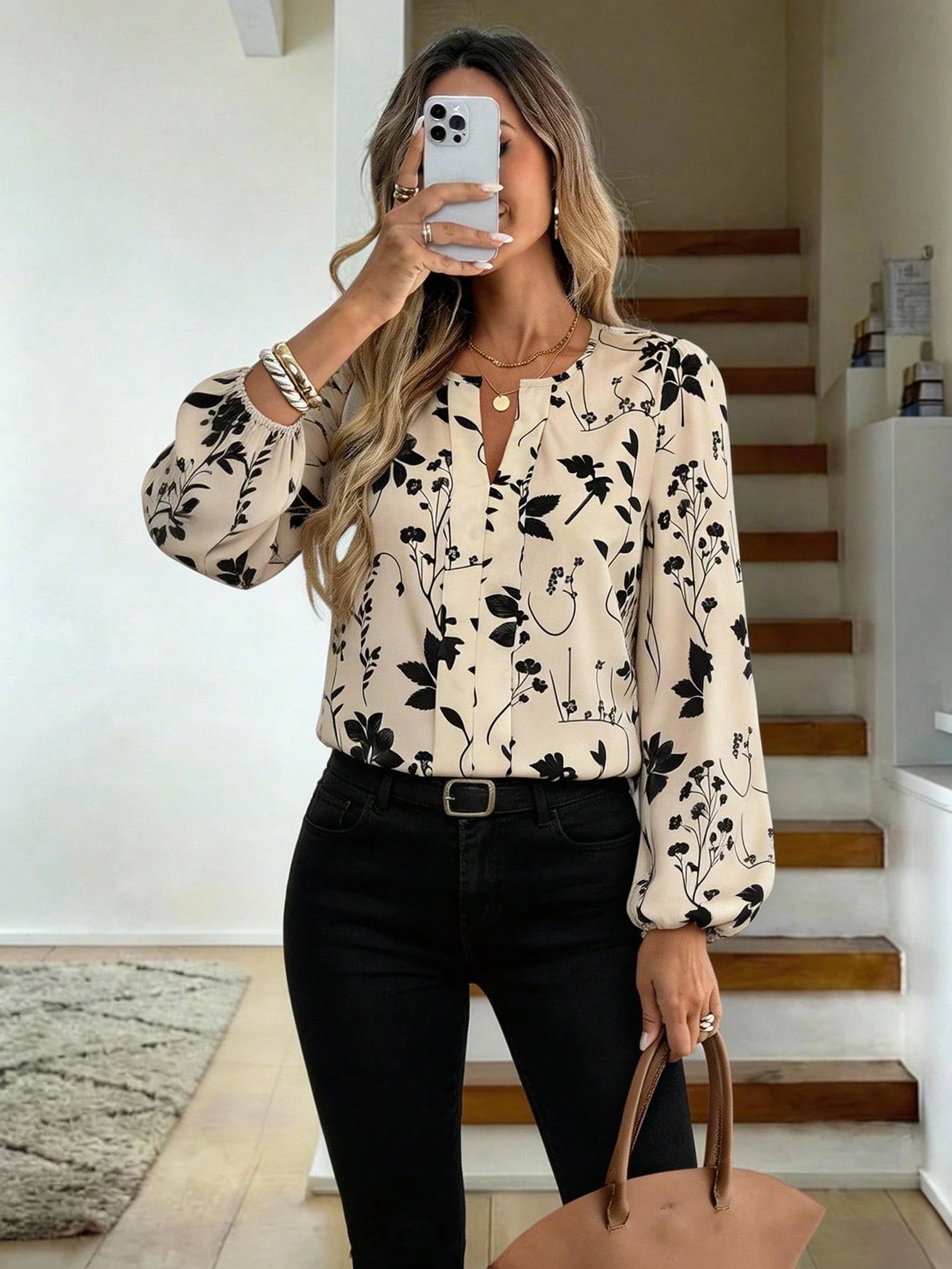 LUNE Women's Beige Floral Print Long Sleeve Blouse, Round Neck V-Notch Faux Placket Puff Sleeve, Elegant Smart Casual Autumn Office Work Teachers' Day