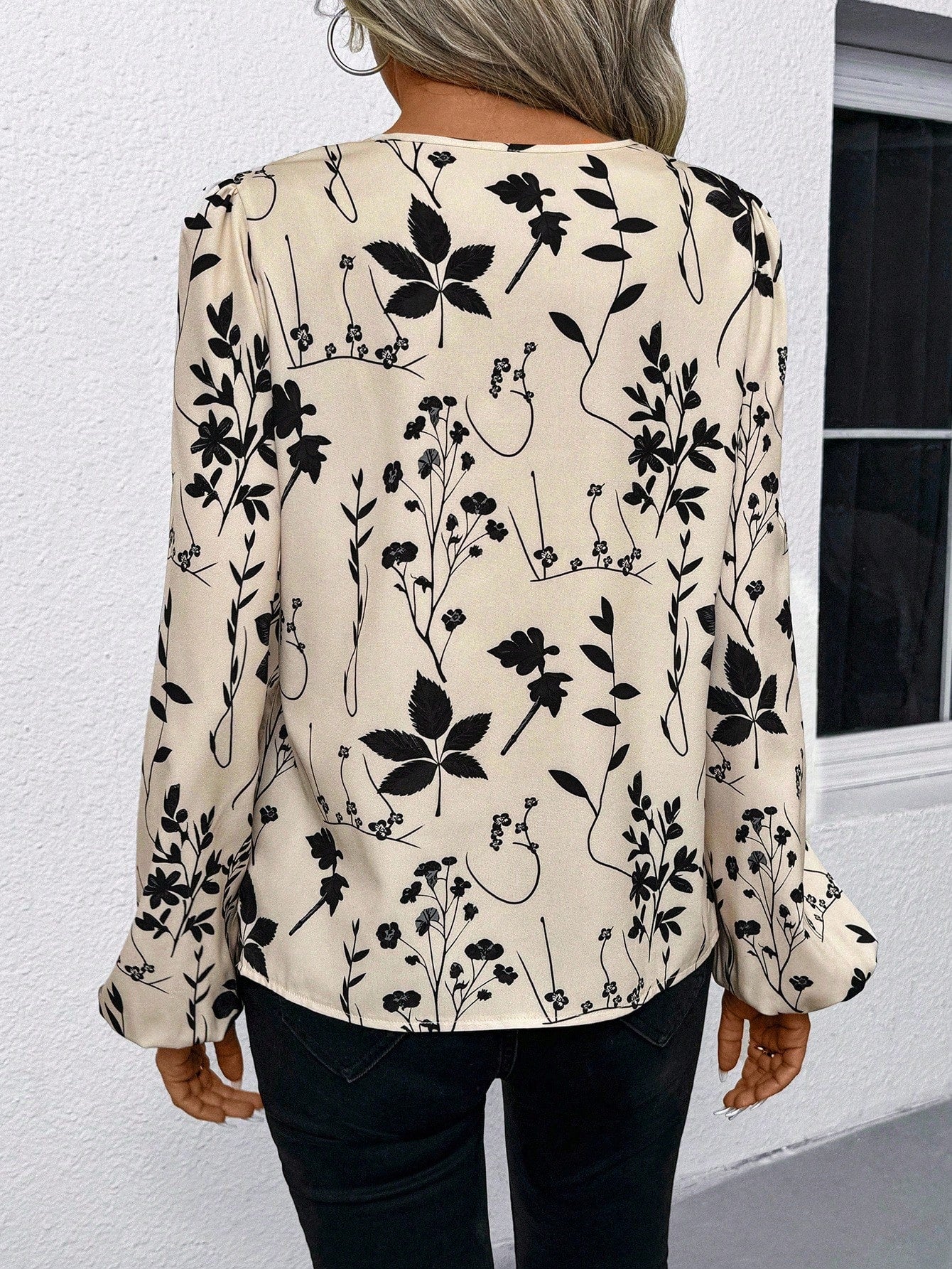 LUNE Women's Beige Floral Print Long Sleeve Blouse, Round Neck V-Notch Faux Placket Puff Sleeve, Elegant Smart Casual Autumn Office Work Teachers' Day