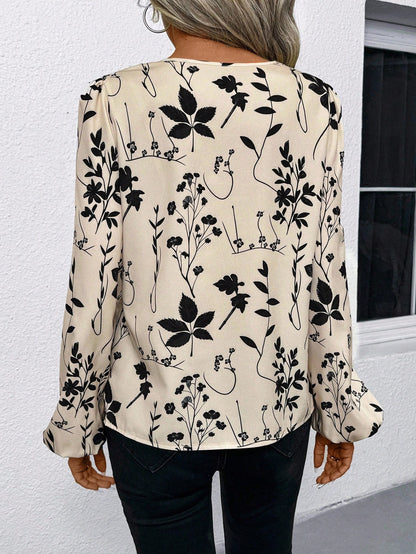 LUNE Women's Beige Floral Print Long Sleeve Blouse, Round Neck V-Notch Faux Placket Puff Sleeve, Elegant Smart Casual Autumn Office Work Teachers' Day