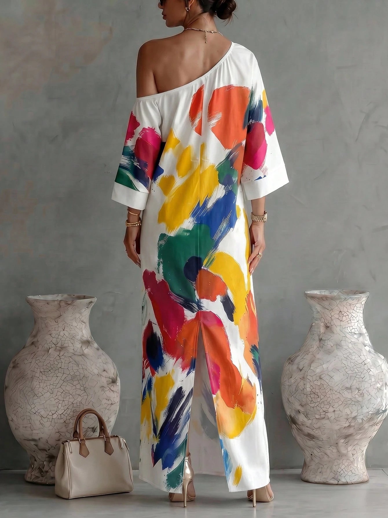 LUNE Women's Designer Fashion Graffiti Print One Shoulder Fitted Elegant Dress Vacation White Summer