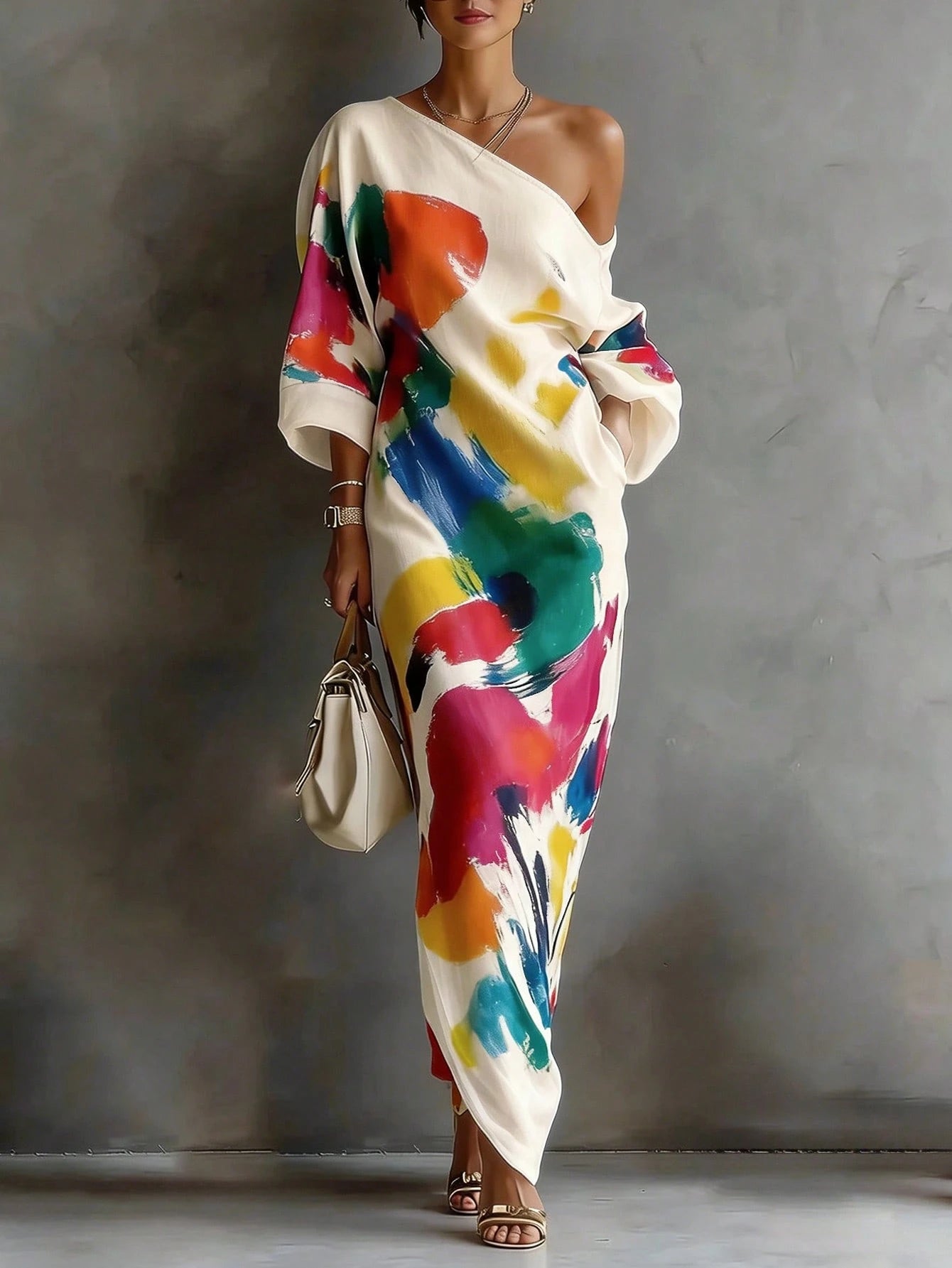 LUNE Women's Designer Fashion Graffiti Print One Shoulder Fitted Elegant Dress Vacation White Summer