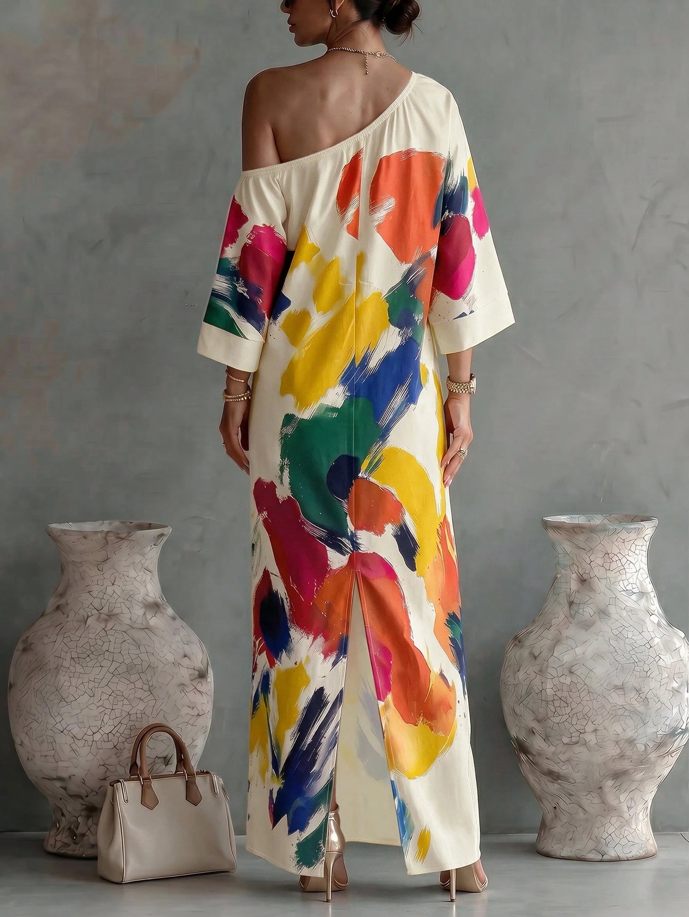 LUNE Women's Designer Fashion Graffiti Print One Shoulder Fitted Elegant Dress Vacation White Summer