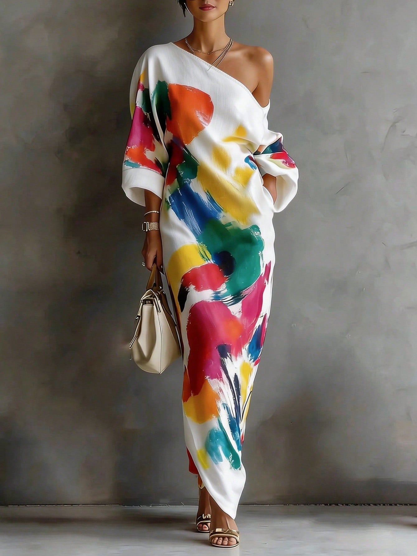 LUNE Women's Designer Fashion Graffiti Print One Shoulder Fitted Elegant Dress Vacation White Summer