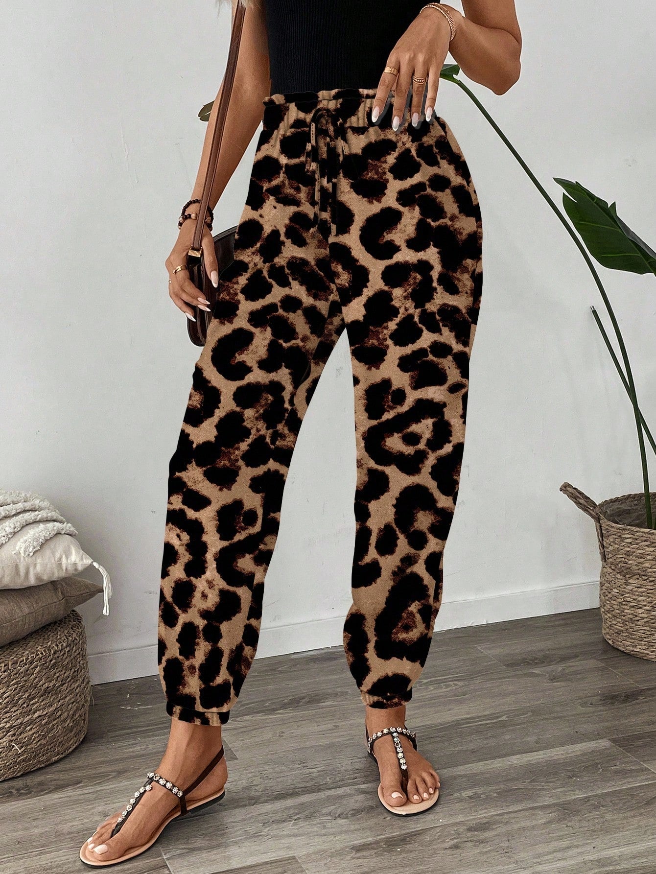 LUNE Women's Leopard Print High Waist Elastic Pants,Tan Summer Casual Vacation Resort Style Cheetah Animal Print Flare Leg Vintage Floral Casual Pants