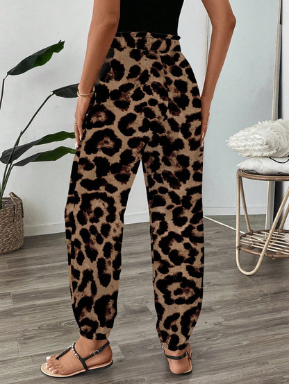 LUNE Women's Leopard Print High Waist Elastic Pants,Tan Summer Casual Vacation Resort Style Cheetah Animal Print Flare Leg Vintage Floral Casual Pants