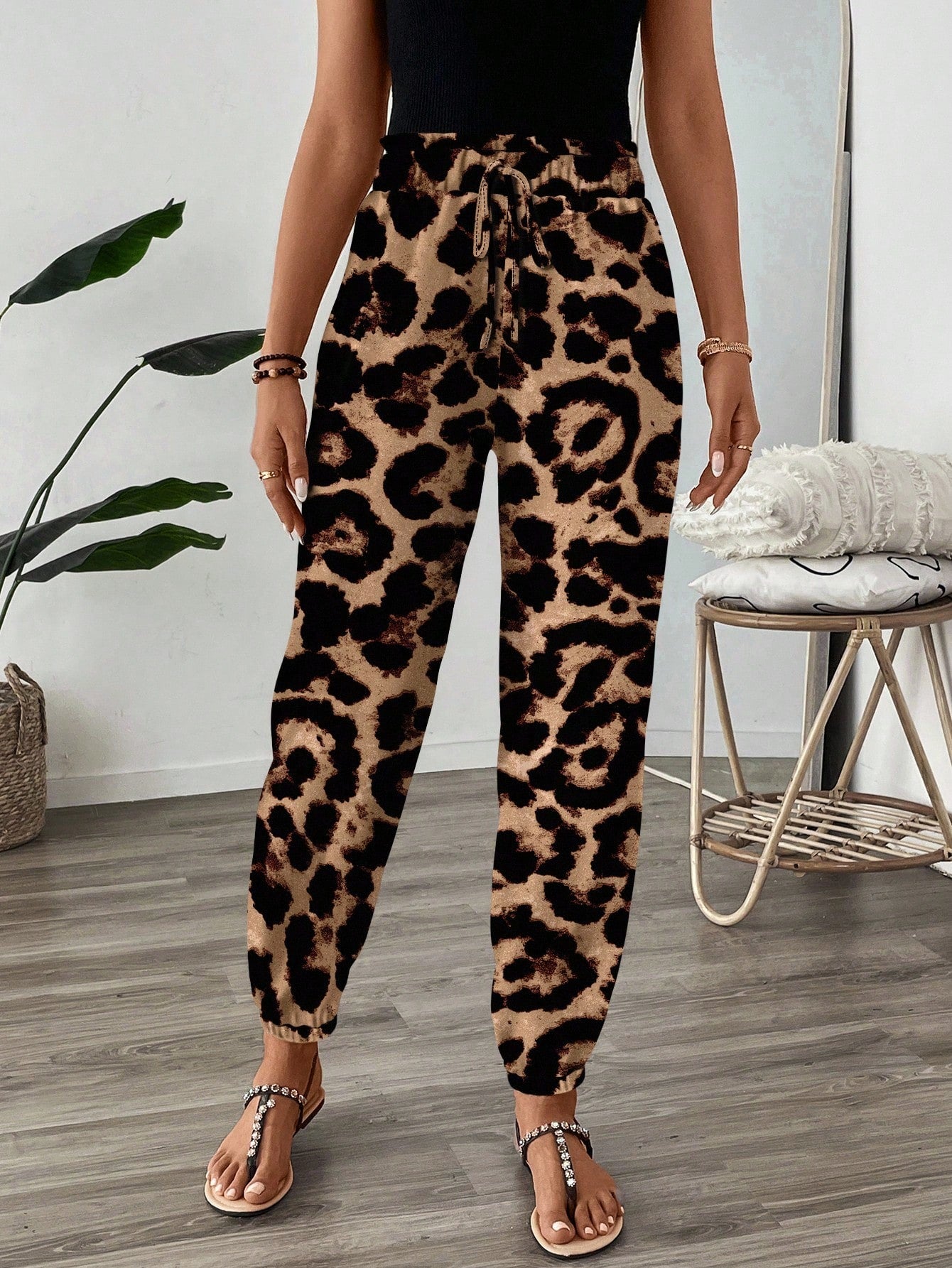 LUNE Women's Leopard Print High Waist Elastic Pants,Tan Summer Casual Vacation Resort Style Cheetah Animal Print Flare Leg Vintage Floral Casual Pants