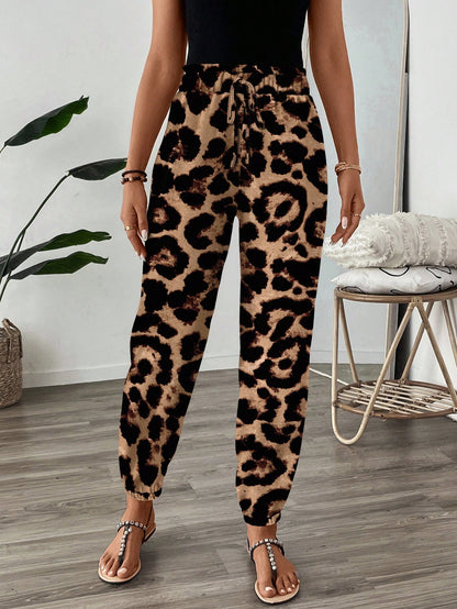 LUNE Women's Leopard Print High Waist Elastic Pants,Tan Summer Casual Vacation Resort Style Cheetah Animal Print Flare Leg Vintage Floral Casual Pants