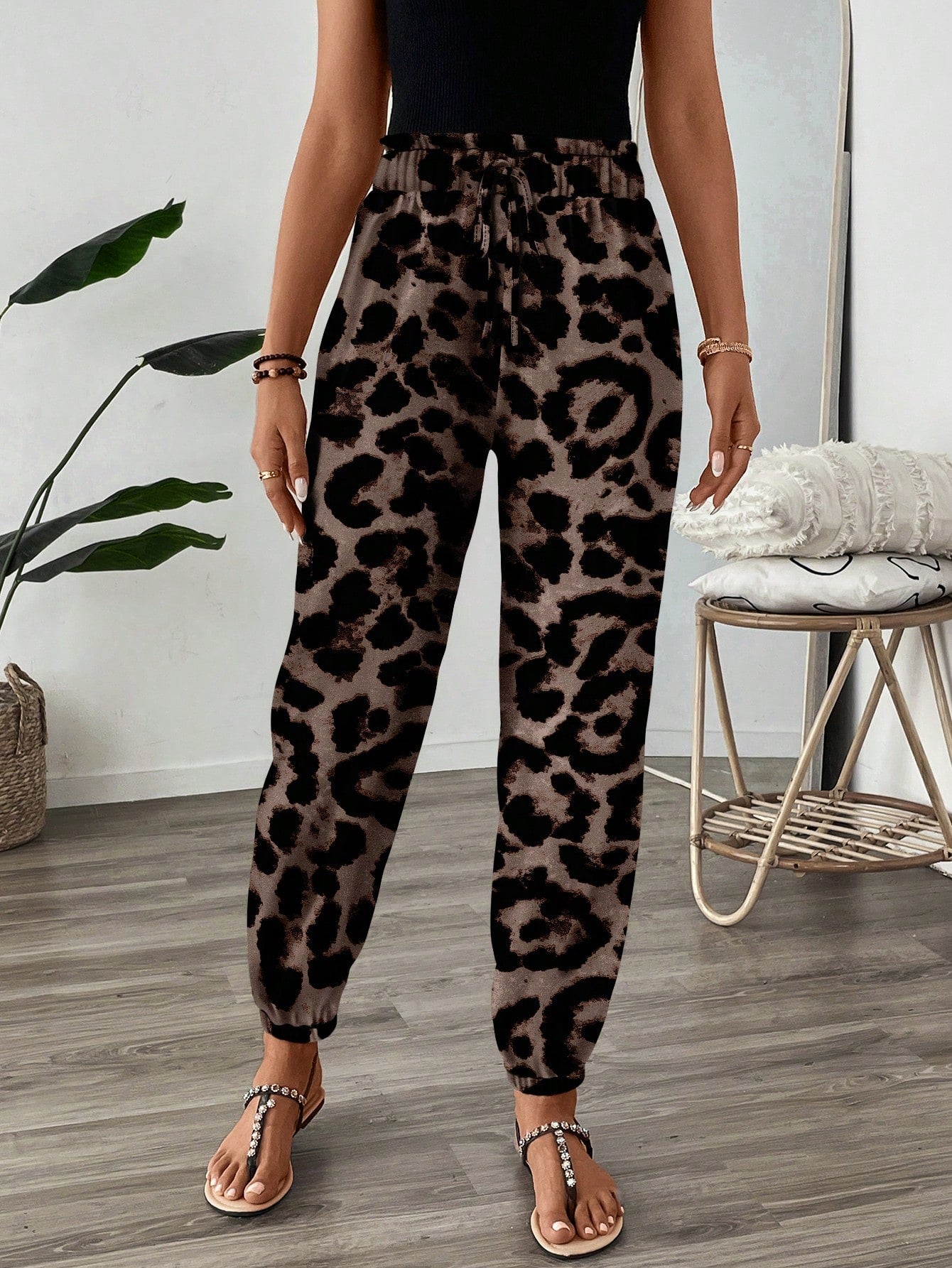 LUNE Women's Leopard Print High Waist Elastic Pants,Tan Summer Casual Vacation Resort Style Cheetah Animal Print Flare Leg Vintage Floral Casual Pants