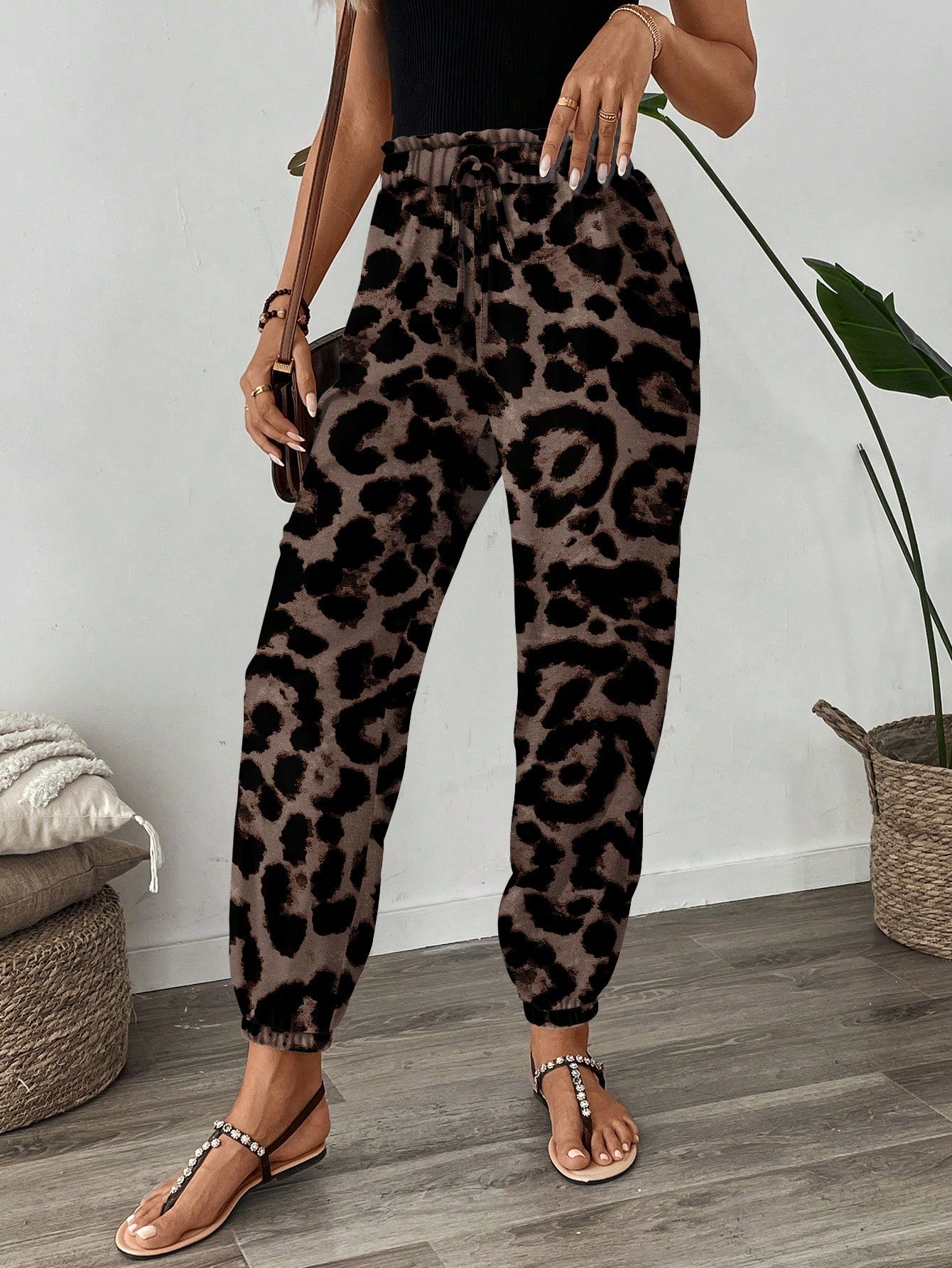 LUNE Women's Leopard Print High Waist Elastic Pants,Tan Summer Casual Vacation Resort Style Cheetah Animal Print Flare Leg Vintage Floral Casual Pants