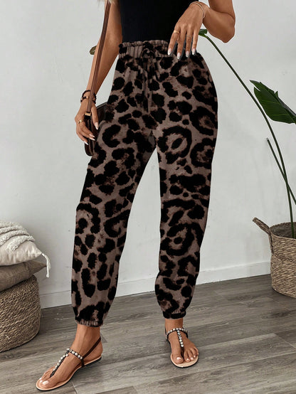 LUNE Women's Leopard Print High Waist Elastic Pants,Tan Summer Casual Vacation Resort Style Cheetah Animal Print Flare Leg Vintage Floral Casual Pants