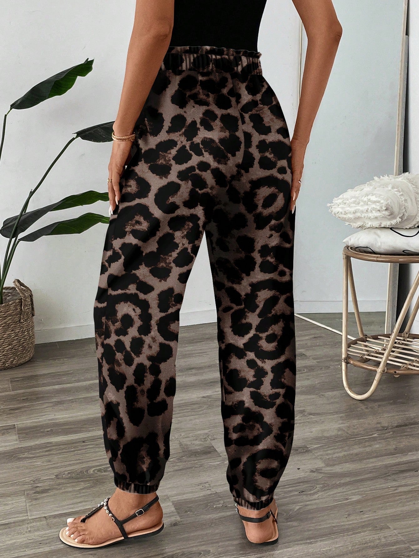 LUNE Women's Leopard Print High Waist Elastic Pants,Tan Summer Casual Vacation Resort Style Cheetah Animal Print Flare Leg Vintage Floral Casual Pants