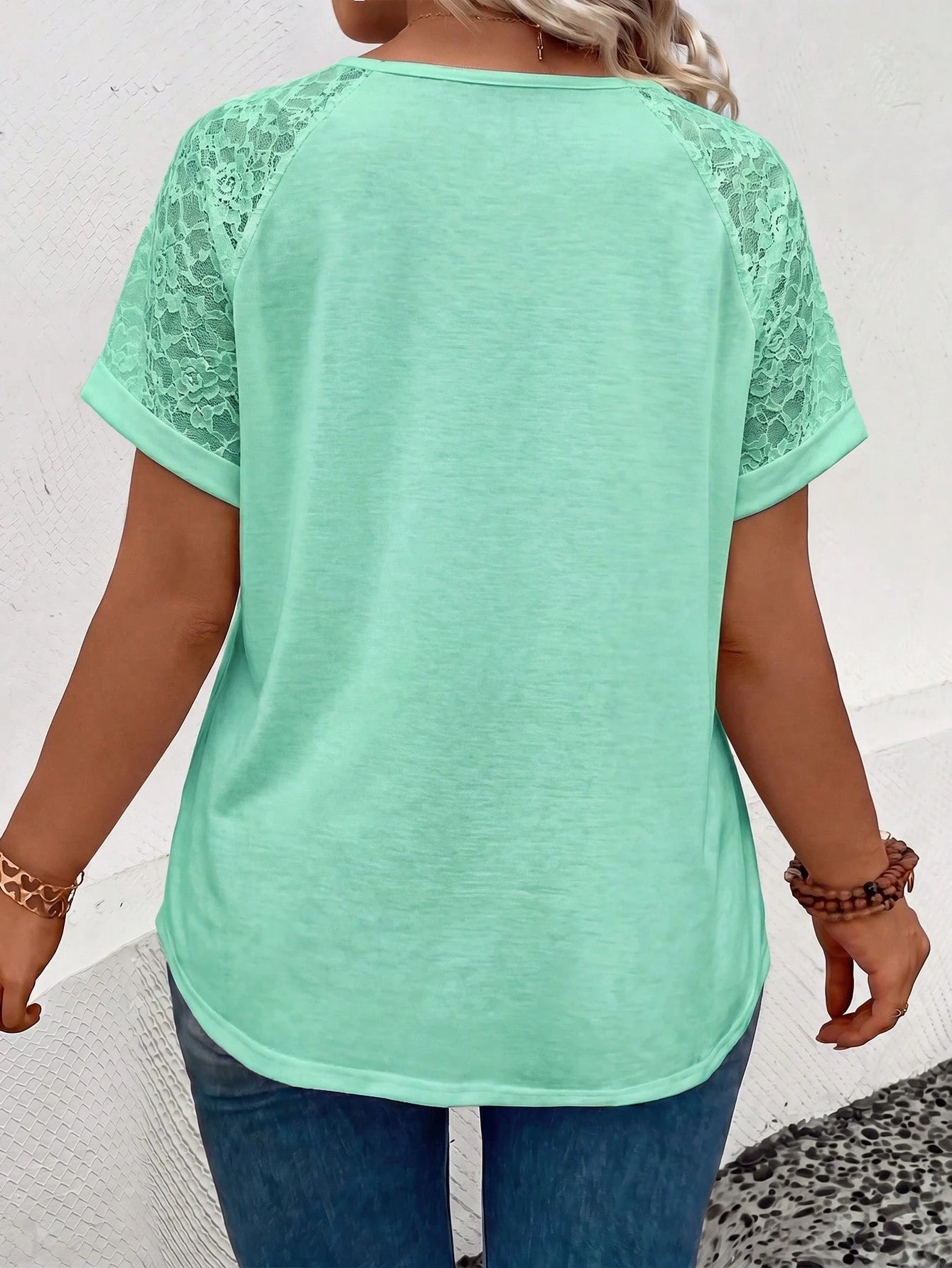 LUNE Women's Spring/Summer New Hot-Selling Lace Patchwork Design Casual Versatile Plus Size T-Shirt