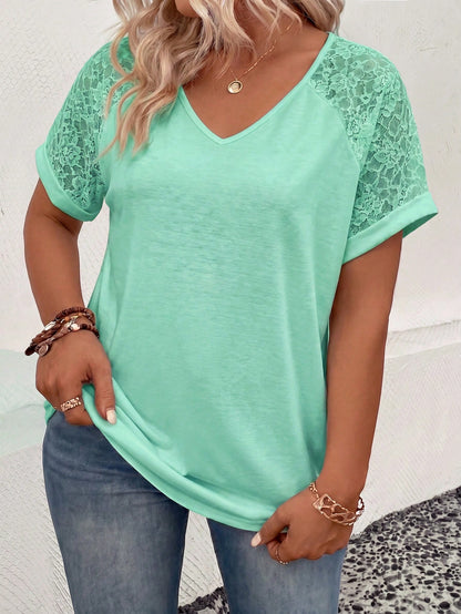 LUNE Women's Spring/Summer New Hot-Selling Lace Patchwork Design Casual Versatile Plus Size T-Shirt