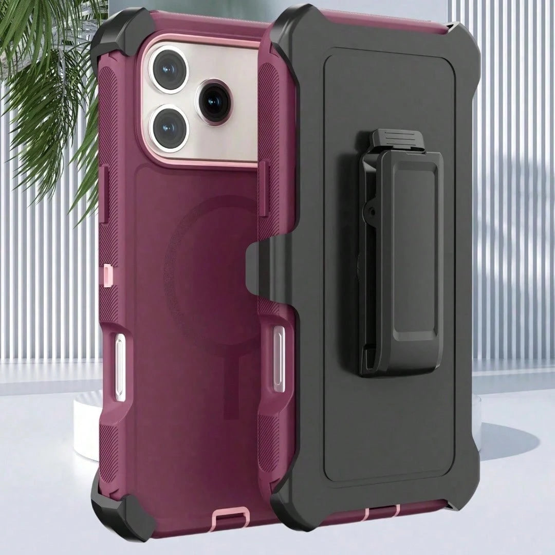 Luxury Dark Purple Case With Invisible Magnetic Charging & Detachable Belt Clip For IPhone 17-14 Pro Max, Fashion Hybrid Anti-Drop Shockproof Cover