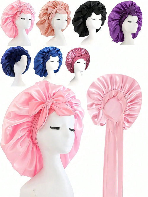 Luxury Satin Silk Headscarf With Adjustable Tie, Lightweight Hair Protection Cap, Suitable For All-Night Wear, Comfortable Hair Care And Washing, Unisex Bowknot Faux Silk Wide-Brim Sleep Cap Headscarf