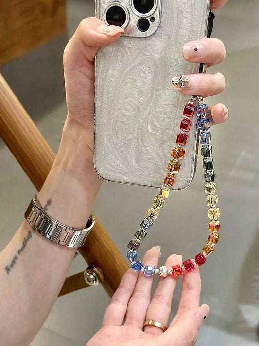 Luxury Square Multicolor Crystal Rainbow Gradient Phone Lanyard, Handbag Decoration, Fashionable Accessory Gifts For Mother, Family, Friends, Birthday, Holiday Phone Charm, Phone Chain
