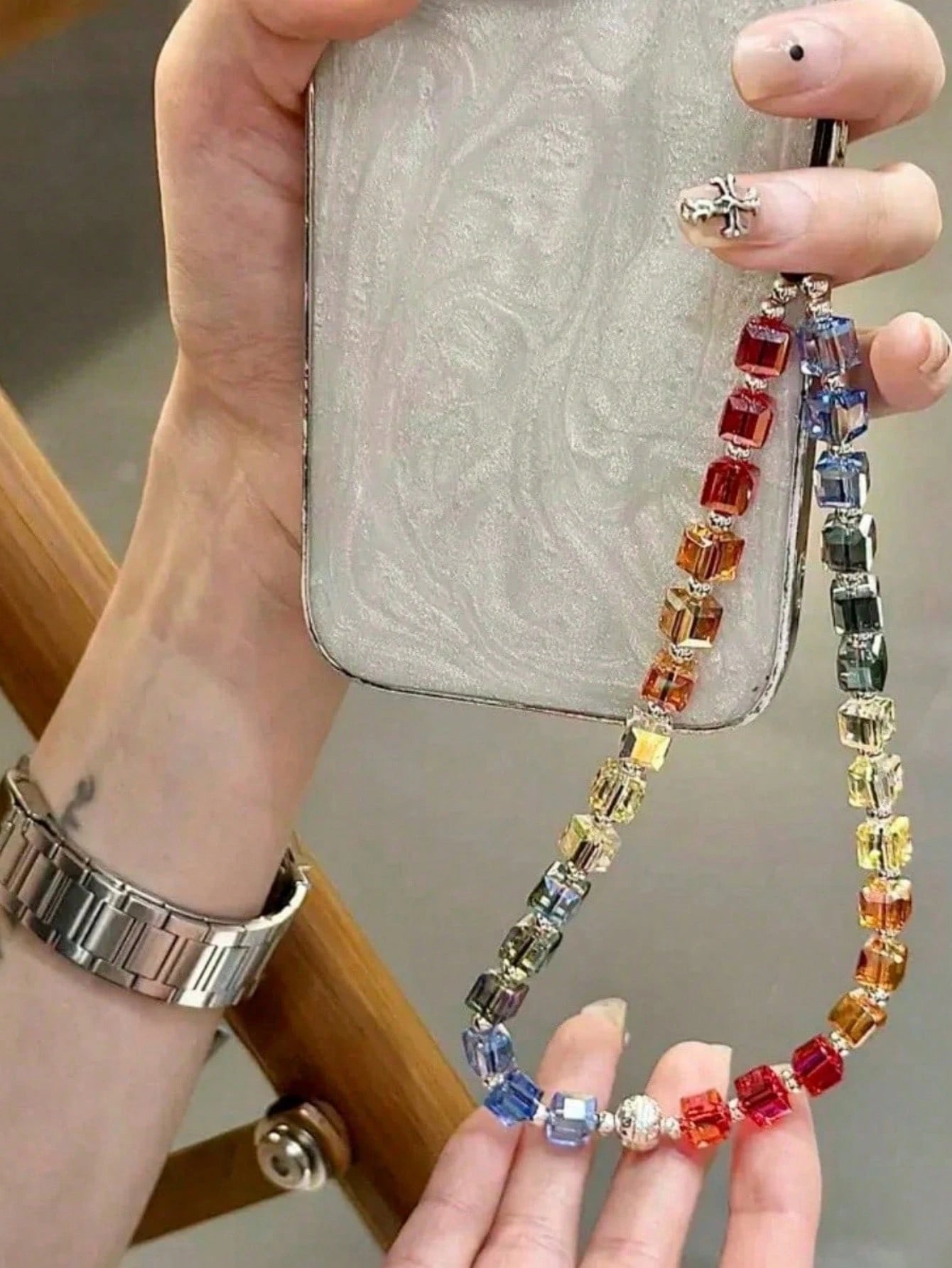 Luxury Square Multicolor Crystal Rainbow Gradient Phone Lanyard, Handbag Decoration, Fashionable Accessory Gifts For Mother, Family, Friends, Birthday, Holiday Phone Charm, Phone Chain