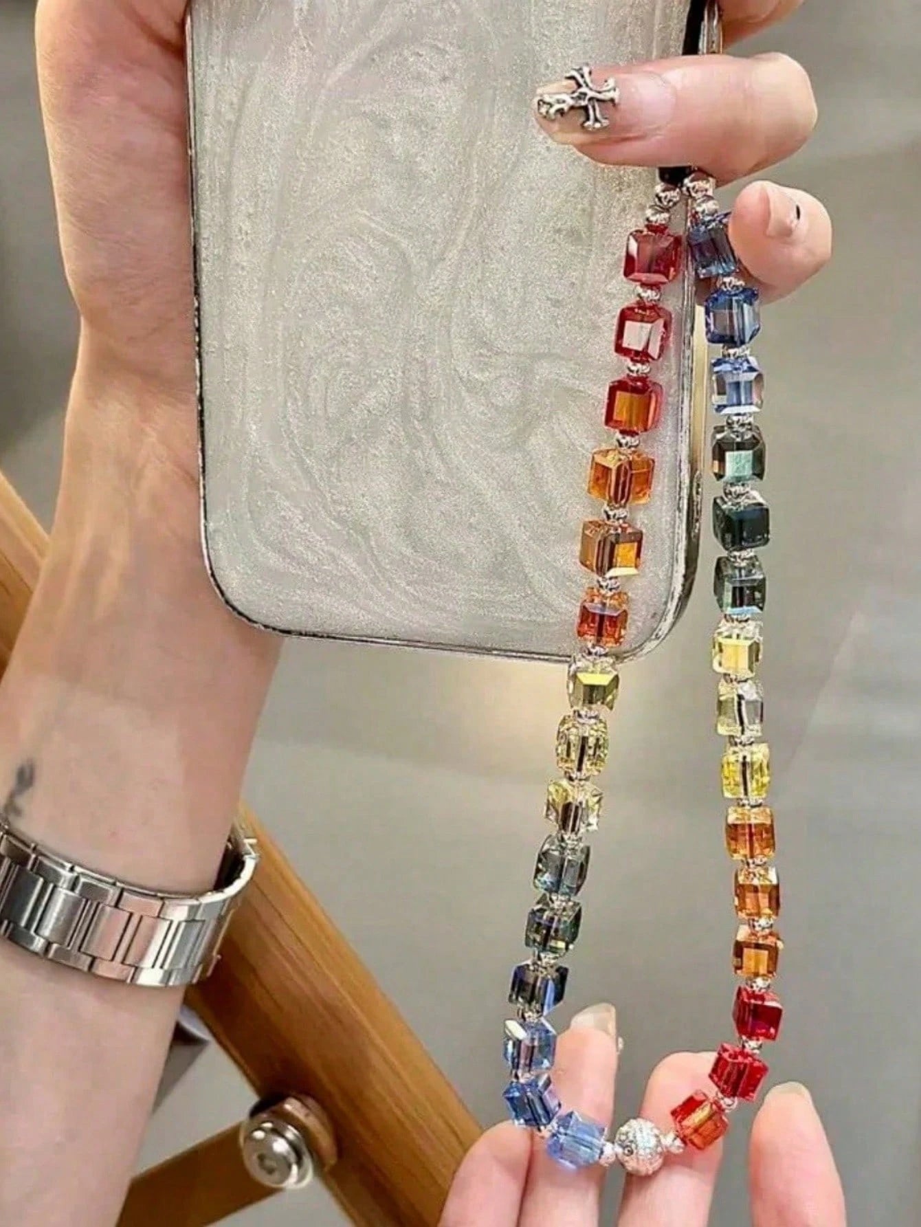 Luxury Square Multicolor Crystal Rainbow Gradient Phone Lanyard, Handbag Decoration, Fashionable Accessory Gifts For Mother, Family, Friends, Birthday, Holiday Phone Charm, Phone Chain