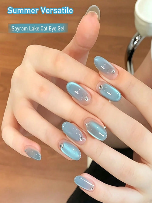 LYTTOA 10ml Light Blue Sayram Lake Cat Eye Nail Gel, Clear Shimmer Soak Off UV Gel Polish
