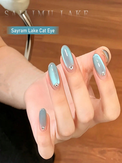 LYTTOA 10ml Light Blue Sayram Lake Cat Eye Nail Gel, Clear Shimmer Soak Off UV Gel Polish