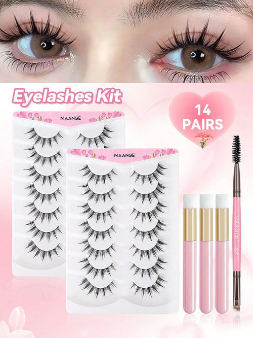 MAANGE 14 Pairs Natural Cartoon Full False Eyelashes With Ultra-Fine Stem, Cartoon Strip Lashes, Suitable For Daily Use Cartoon Style Eyelashes, With Eyebrow Brush, Travel Essential, Eyelashes, False