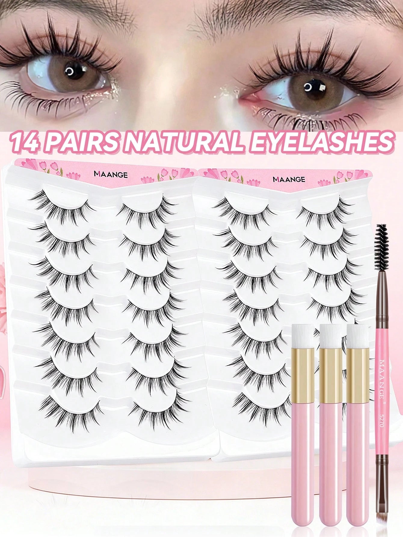 MAANGE 14 Pairs Natural Cartoon Full False Eyelashes With Ultra-Fine Stem, Cartoon Strip Lashes, Suitable For Daily Use Cartoon Style Eyelashes, With Eyebrow Brush, Travel Essential, Eyelashes, False