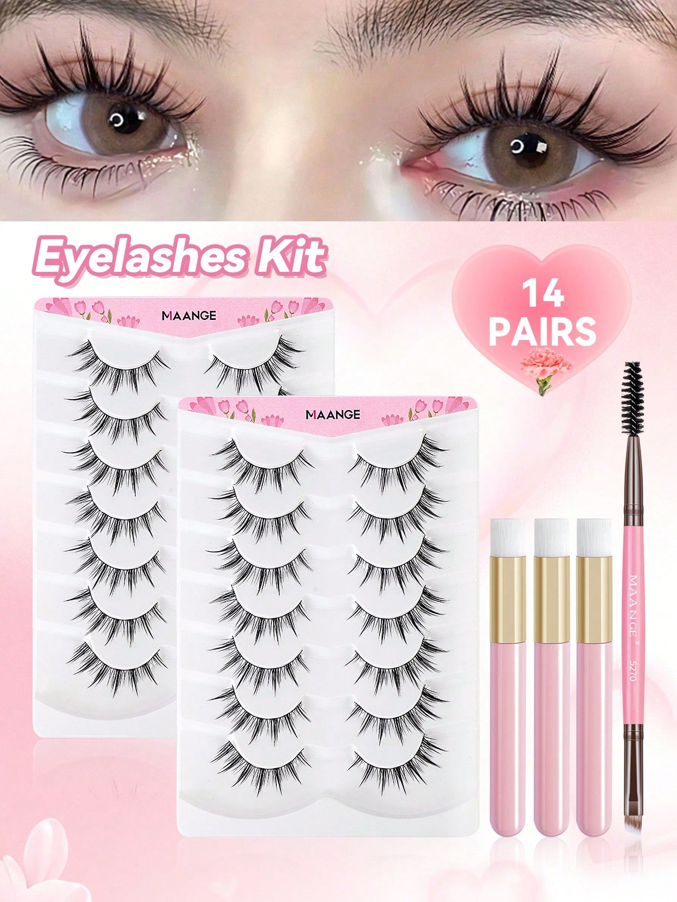 MAANGE 14 Pairs Natural Cartoon Full False Eyelashes With Ultra-Fine Stem, Cartoon Strip Lashes, Suitable For Daily Use Cartoon Style Eyelashes, With Eyebrow Brush, Travel Essential, Eyelashes, False