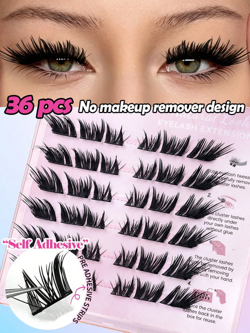MAANGE 36 Clusters Glue-Free Self-Adhesive False Eyelashes, Ultra-Dense Fox-Style Segmented Self-Adhesive Eyelashes, Suitable For Beginners, Reusable, Portable Boxed For Travel, Commuting, Work, Datin