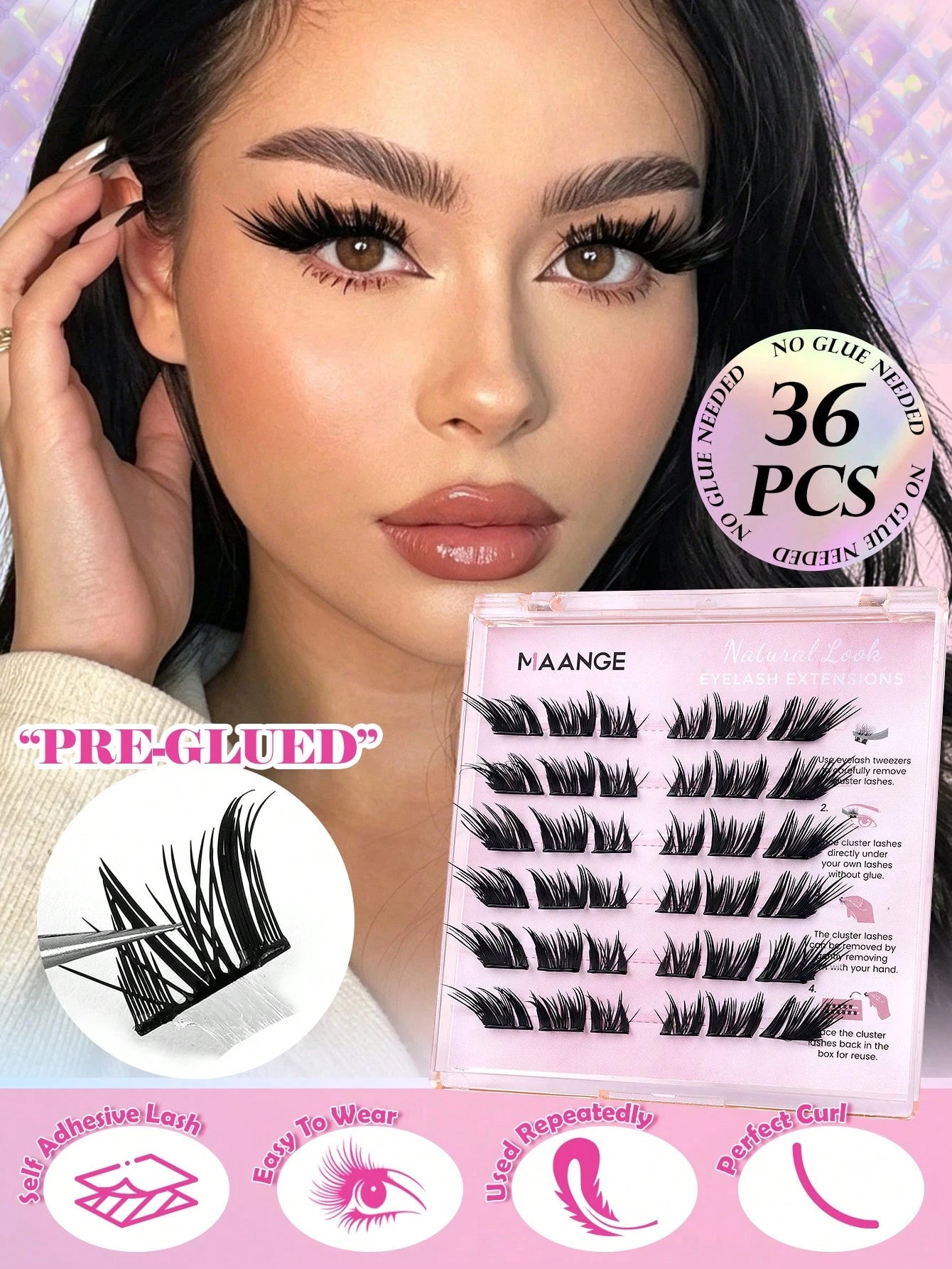 MAANGE 36 Clusters Glue-Free Self-Adhesive False Eyelashes, Ultra-Dense Fox-Style Segmented Self-Adhesive Eyelashes, Suitable For Beginners, Reusable, Portable Boxed For Travel, Commuting, Work, Datin