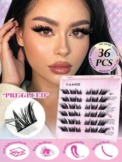 MAANGE 36 Clusters Glue-Free Self-Adhesive False Eyelashes, Ultra-Dense Fox-Style Segmented Self-Adhesive Eyelashes, Suitable For Beginners, Reusable, Portable Boxed For Travel, Commuting, Work, Datin
