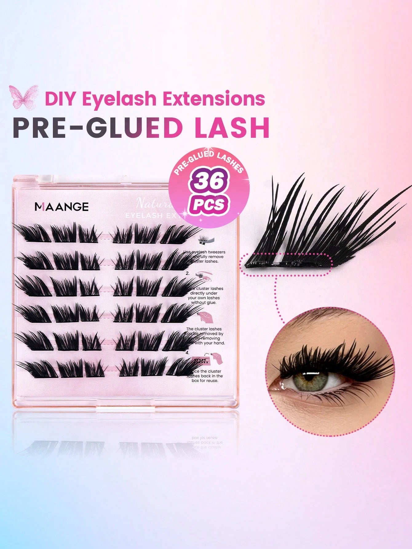 MAANGE 36 Clusters Glue-Free Self-Adhesive False Eyelashes, Ultra-Dense Fox-Style Segmented Self-Adhesive Eyelashes, Suitable For Beginners, Reusable, Portable Boxed For Travel, Commuting, Work, Datin