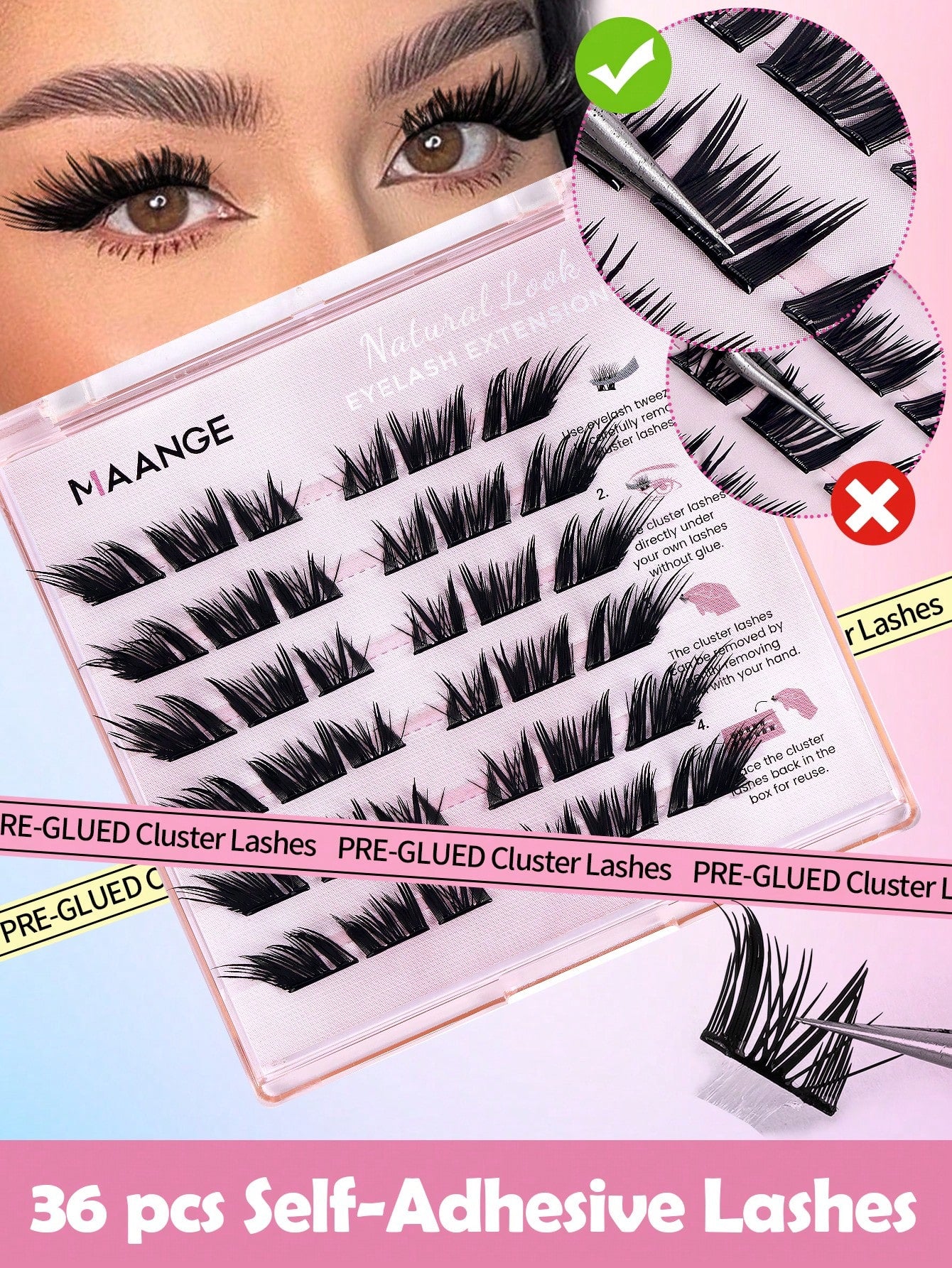 MAANGE 36 Clusters Glue-Free Self-Adhesive False Eyelashes, Ultra-Dense Fox-Style Segmented Self-Adhesive Eyelashes, Suitable For Beginners, Reusable, Portable Boxed For Travel, Commuting, Work, Datin