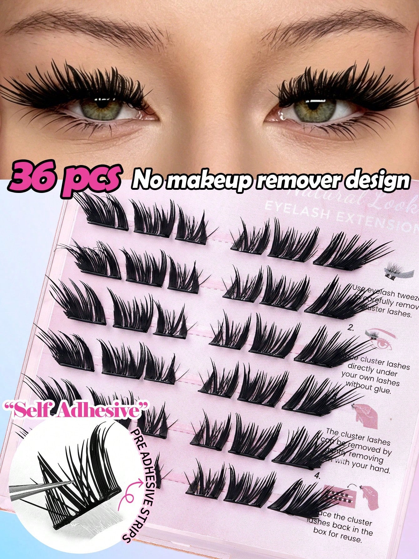 MAANGE 36 Clusters Glue-Free Self-Adhesive False Eyelashes, Ultra-Dense Fox-Style Segmented Self-Adhesive Eyelashes, Suitable For Beginners, Reusable, Portable Boxed For Travel, Commuting, Work, Datin