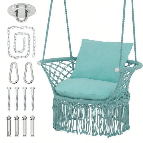 Macrame Hanging Swing Chair, Boho Style Cotton Rope Hammock Chair W/Tassels Max 350 Lbs For Bedroom, Living Room, Porch, Balcony