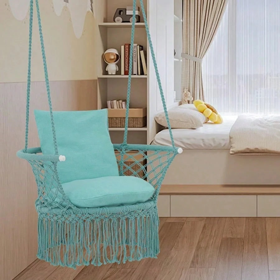 Macrame Hanging Swing Chair, Boho Style Cotton Rope Hammock Chair W/Tassels Max 350 Lbs For Bedroom, Living Room, Porch, Balcony
