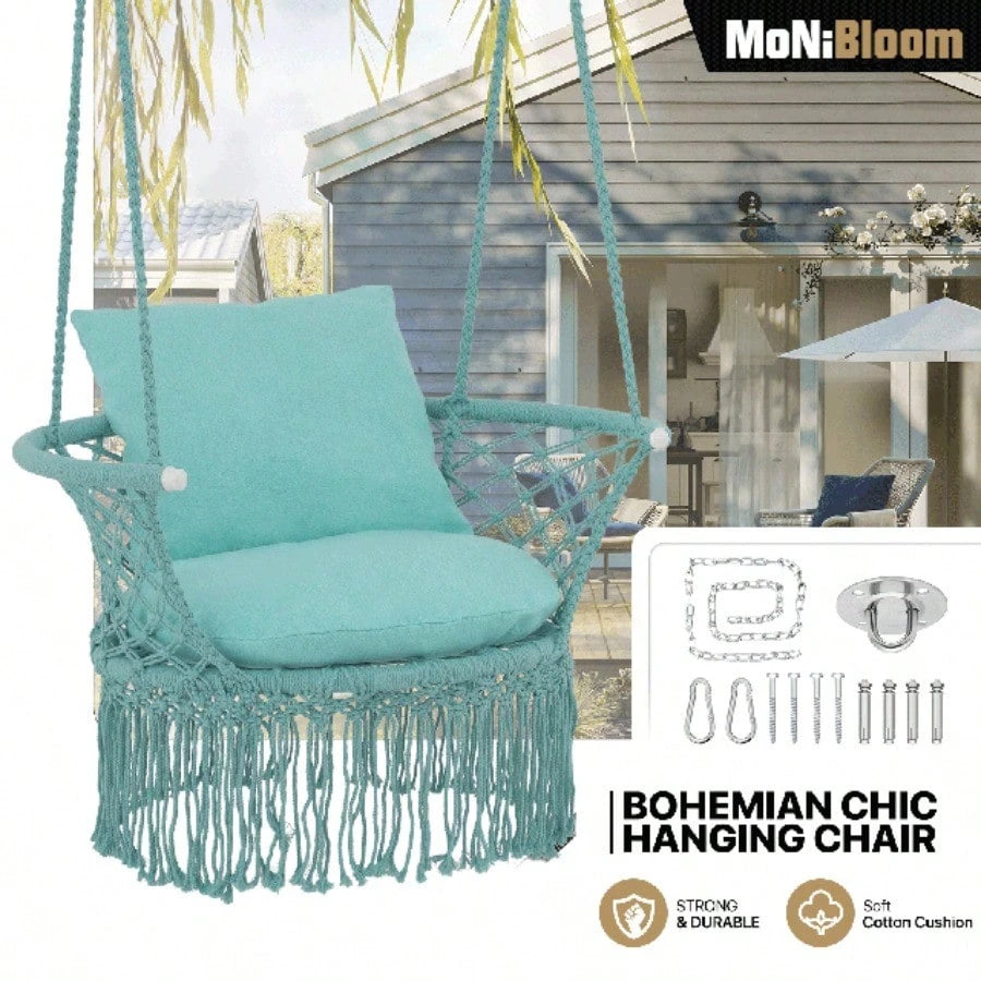 Macrame Hanging Swing Chair, Boho Style Cotton Rope Hammock Chair W/Tassels Max 350 Lbs For Bedroom, Living Room, Porch, Balcony