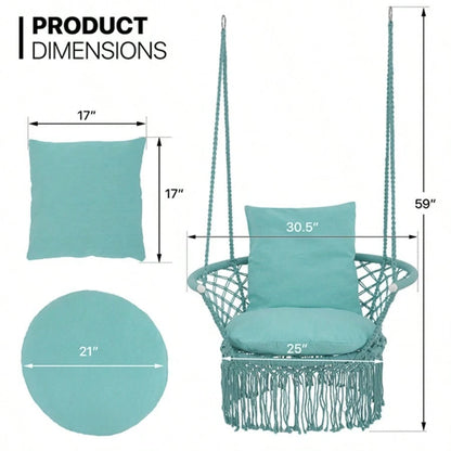 Macrame Hanging Swing Chair, Boho Style Cotton Rope Hammock Chair W/Tassels Max 350 Lbs For Bedroom, Living Room, Porch, Balcony