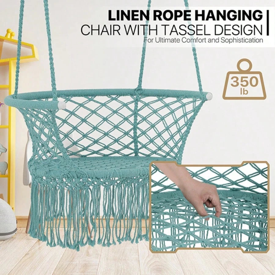 Macrame Hanging Swing Chair, Boho Style Cotton Rope Hammock Chair W/Tassels Max 350 Lbs For Bedroom, Living Room, Porch, Balcony