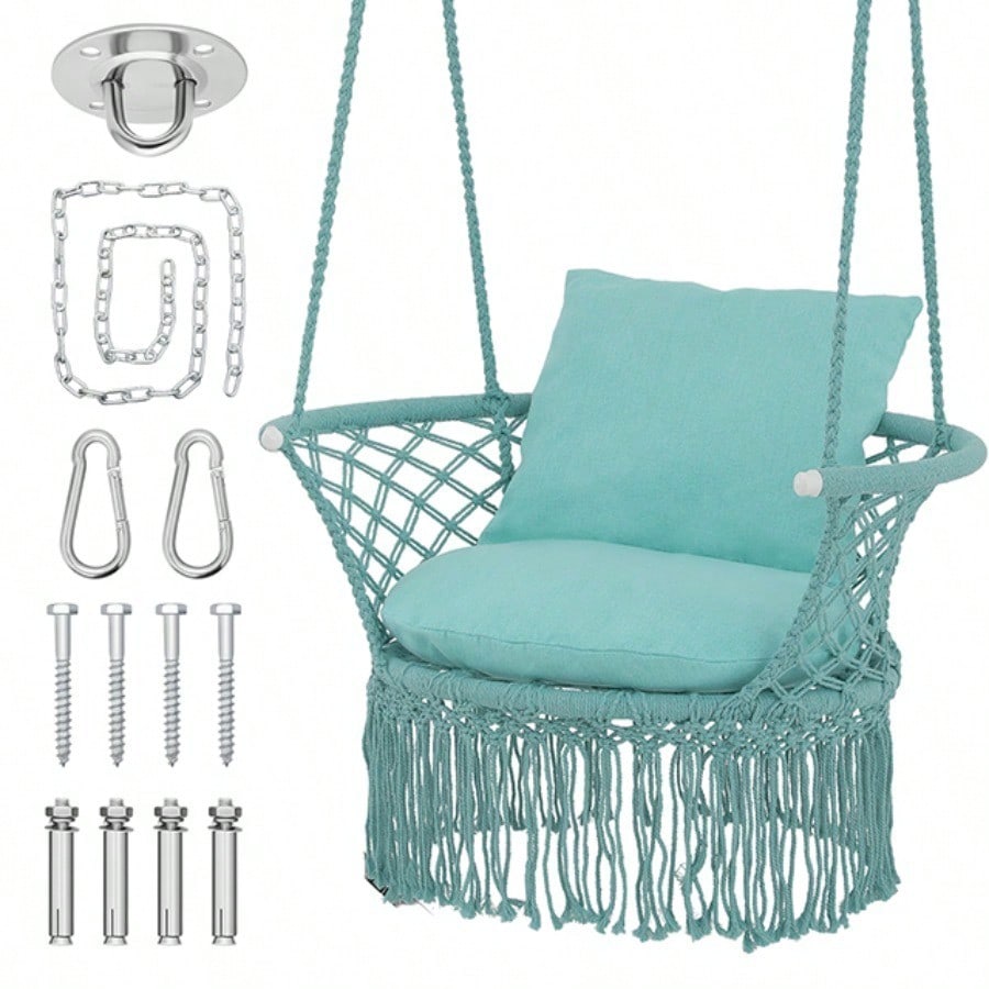 Macrame Hanging Swing Chair, Boho Style Cotton Rope Hammock Chair W/Tassels Max 350 Lbs For Bedroom, Living Room, Porch, Balcony