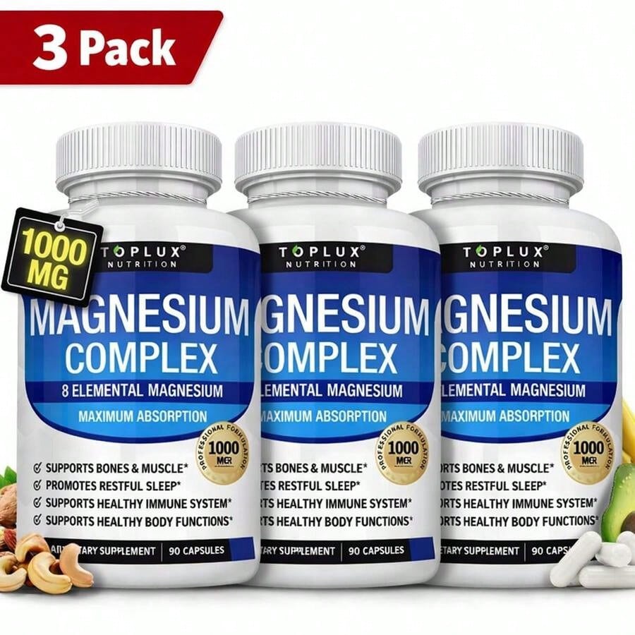 Magnesium Complex 1000mg Capsules – 3 Pack Value Bundle, Advanced Magnesium Supplement For Sleep, Muscle & Bone Support, 90 Capsules Each