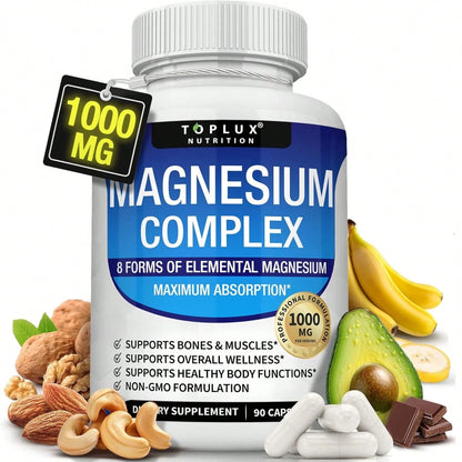 Magnesium Complex Supplement 8 Elemental 1000mg- Magnesium Glycinate, Citrate, Malate, Taurate, Chelated For Easy Absorption For Bones, Muscle, Recovery, Energy, Vegan Non-GMO 90 Capsules Vitamins Su