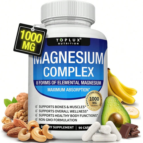 Magnesium Complex Supplement 8 Elemental 1000mg- Magnesium Glycinate, Citrate, Malate, Taurate, Chelated For Easy Absorption For Bones, Muscle, Recovery, Energy, Vegan Non-GMO 90 Capsules Vitamins Su