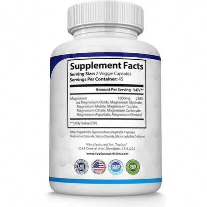 Magnesium Complex Supplement 8 Elemental 1000mg- Magnesium Glycinate, Citrate, Malate, Taurate, Chelated For Easy Absorption For Bones, Muscle, Recovery, Energy, Vegan Non-GMO 90 Capsules Vitamins Su