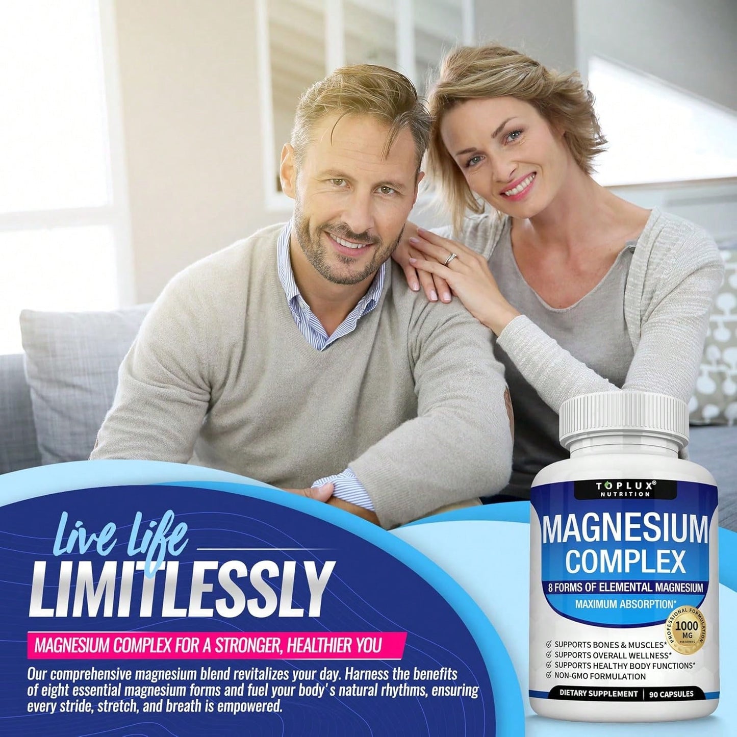 Magnesium Complex Supplement 8 Elemental 1000mg- Magnesium Glycinate, Citrate, Malate, Taurate, Chelated For Easy Absorption For Bones, Muscle, Recovery, Energy, Vegan Non-GMO 90 Capsules Vitamins Su