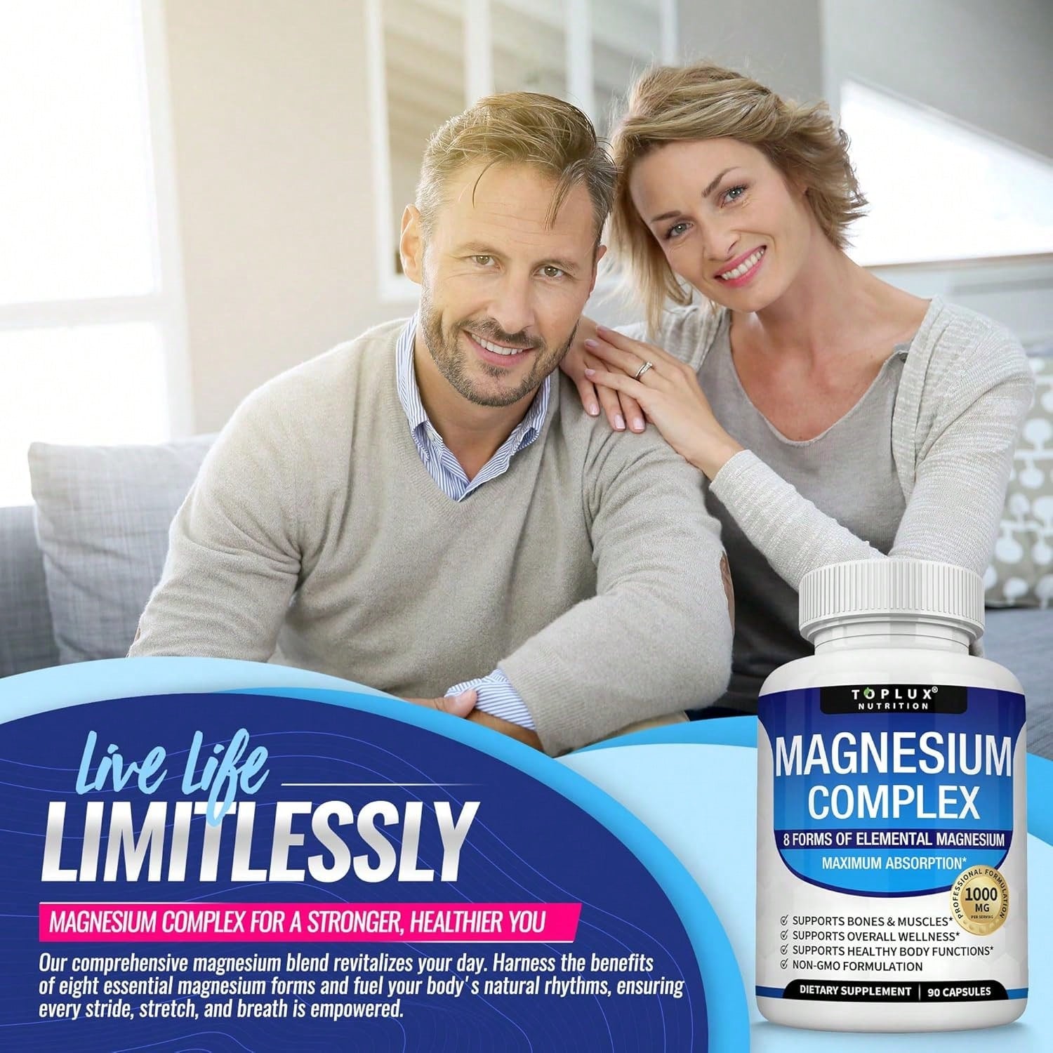 Magnesium Complex Supplement 8 Elemental 1000mg- Magnesium Glycinate, Citrate, Malate, Taurate, Chelated For Easy Absorption For Bones, Muscle, Recovery, Energy, Vegan Non-GMO 90 Capsules Vitamins Su