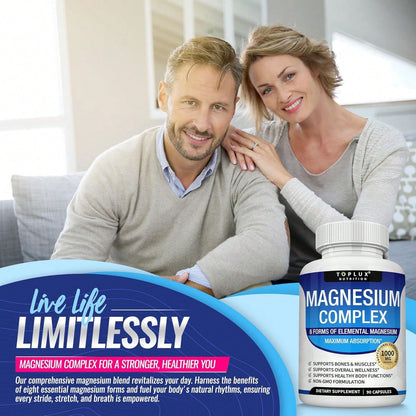 Magnesium Complex Supplement 8 Elemental 1000mg- Magnesium Glycinate, Citrate, Malate, Taurate, Chelated For Easy Absorption For Bones, Muscle, Recovery, Energy, Vegan Non-GMO 90 Capsules Vitamins Su